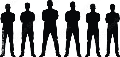 standing men silhouette collection with crossed arms, male people group set, confident business person poses isolated on white background