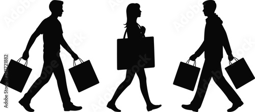 Shopping people silhouettes set walking with bags, retail consumer lifestyle characters, buyers carrying shopping bags isolated illustration