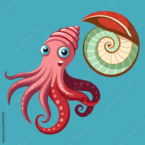 Cartoon Octopus and Nautilus Shell with Blue Background