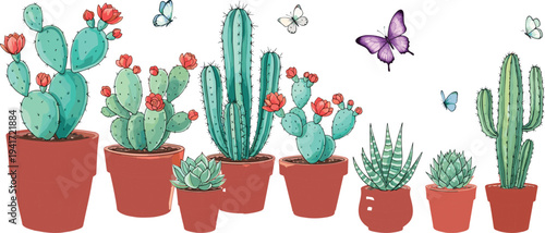 Hand drawn succulent and cactus collection in terracotta pots with colorful butterflies and blooming flowers isolated on white background for garden design.
