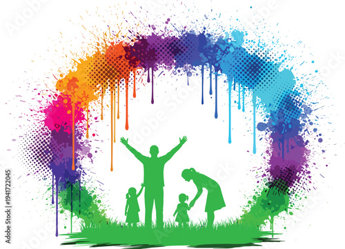 Happy family silhouette standing in grass under a colorful rainbow paint splash circle with drips and halftone patterns isolated on white background.