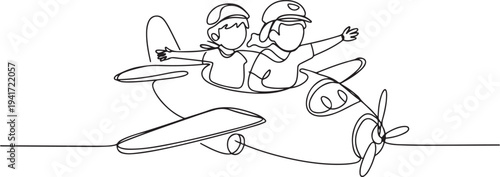 Continuous one line drawing creative kids playing as pilot with cardboard airplane. Children riding cardboard handmade airplane. one line art icon drawing vector