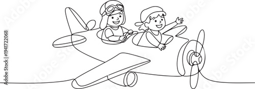 Continuous one line drawing creative kids playing as pilot with cardboard airplane. Children riding cardboard handmade airplane. one line art icon drawing vector