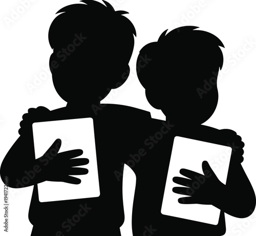 two students holding books silhouette, school children friendship learning concept, kids with notebooks education illustration isolated on white background