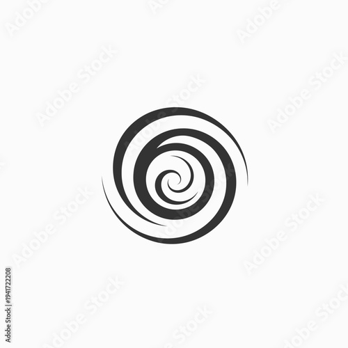 Black and white spiral design within a circular frame on a clean white background