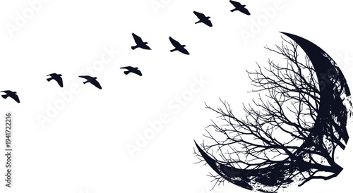 Minimalist black and white silhouette of birds flying toward a crescent moon with dry tree branches isolated on a clean white background.