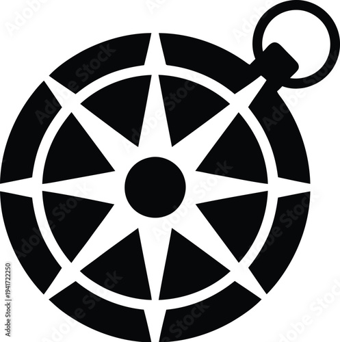 Navigation compass illustration with directional pointer and ring attachment