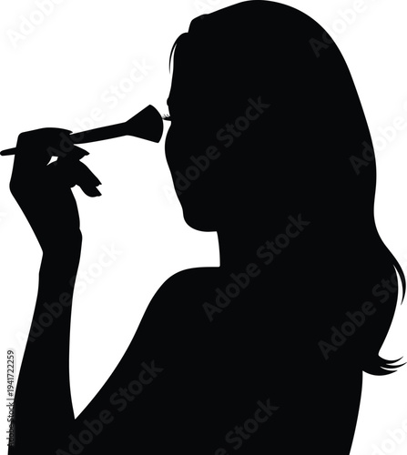 woman applying makeup with brush silhouette, female beauty cosmetics routine illustration, girl doing face makeup isolated on white background