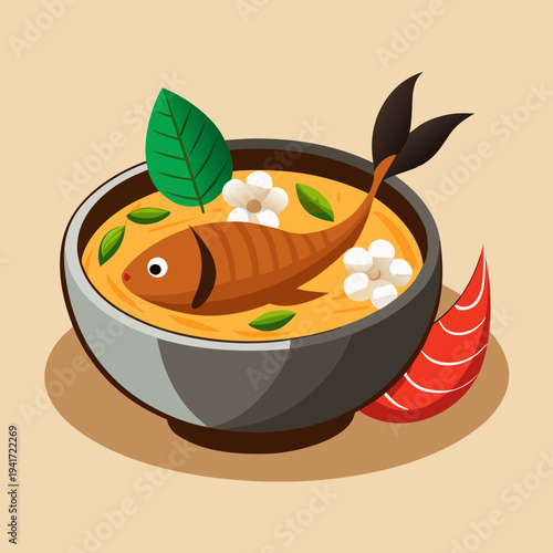 Goan Fish Curry Dish in Bowl with Garnishes