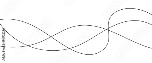 A minimalist abstract image featuring multiple, interwoven, wavy lines in varying thin nesses and dashed patterns. 