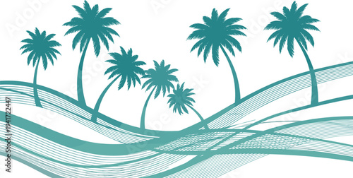 Teal palm tree silhouettes on abstract ocean wave lines isolated on white background for summer vacation travel banner and coastal beach design.