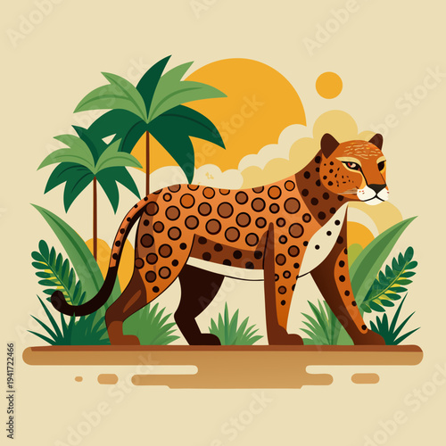 Jungle Jaguar Walking Among Tropical Plants