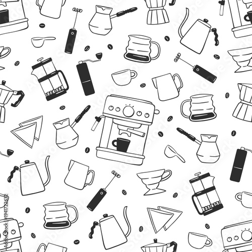 Pattern with devices for different coffee brewing methods. Vector seamless texture in doodle style. Pour-over, geyser coffee maker, french press, cezve. Equipments for coffee making. Template for wrap