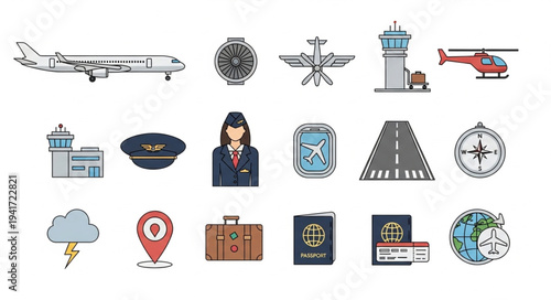 Aviation and Air Travel Icon Set - Airplane, Control Tower, Pilot, and More.