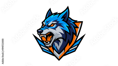 Fierce blue wolf head logo with sharp features and dynamic colors on a white background