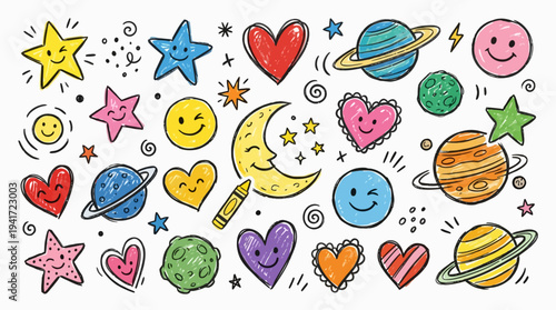 Colorful doodles of celestial bodies and cheerful faces in a playful, whimsical design