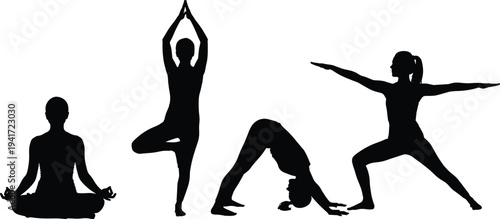 yoga silhouettes set meditation and fitness poses, women practicing yoga balance and stretching exercise isolated on white background