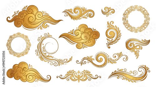 Golden ornamental designs featuring swirls, flourishes, and decorative elements on a white background