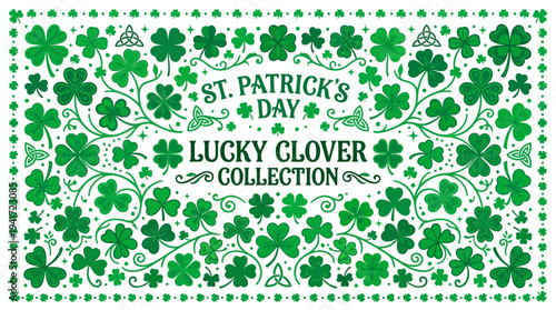 St. Patrick's Day Lucky Clover Collection Banner, Green Shamrocks and Celtic Knots on Isolated White Background, Festive Irish Design