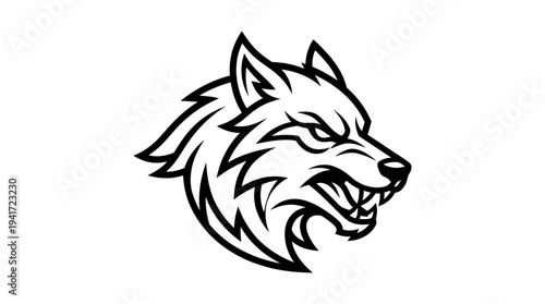 Fierce wolf head illustration showcasing detailed features and aggressive expression in a minimalist style