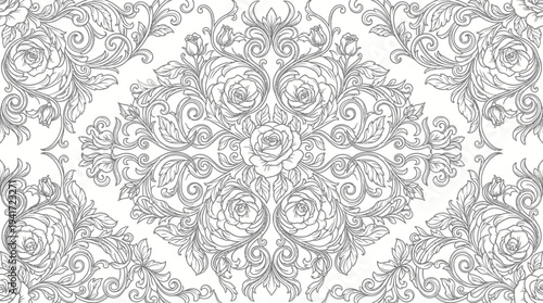 Intricate floral pattern featuring roses and swirling vines on a light background
