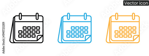 Streamline your business planning with these modern calendar icons, available in black, blue, and orange. Perfect for digital interfaces, apps, and websites.