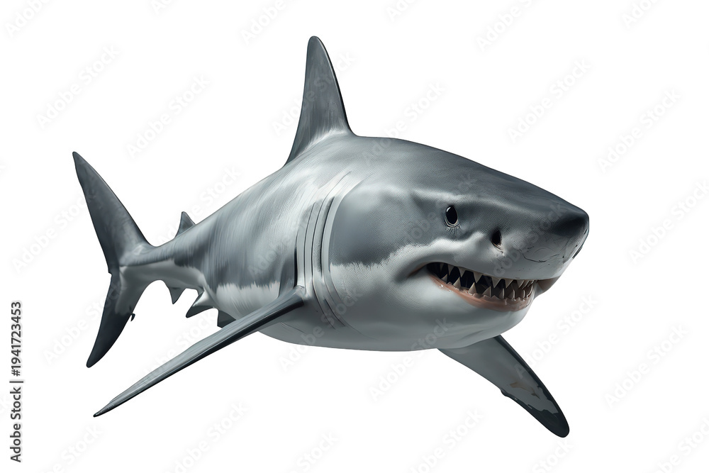 Fototapeta premium Great white shark swimming in ocean, powerful marine predator with sharp teeth, dangerous wildlife, isolated on transparent background