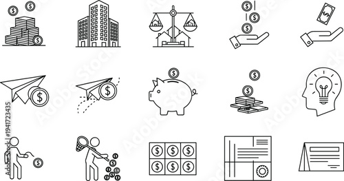 Financial and Business Icons in Outline Style with Money and Ideas finance symbol