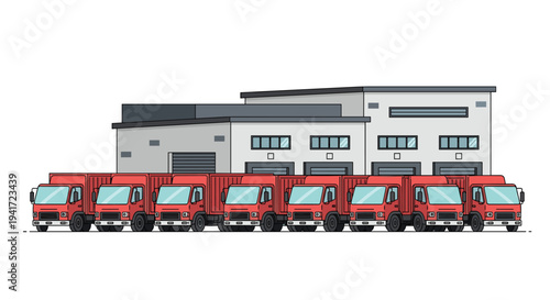 A fleet of eight identical red delivery trucks is neatly parked in a straight line in front of a modern warehouse building with loading docks.