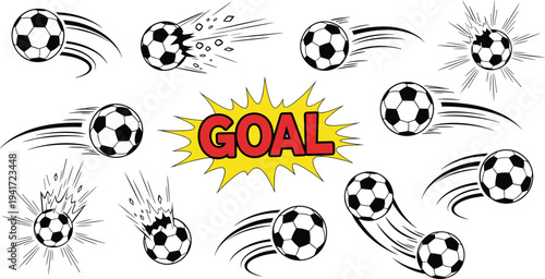 Dynamic Soccer Balls in Motion with Goal Burst and Speed Lines football sport