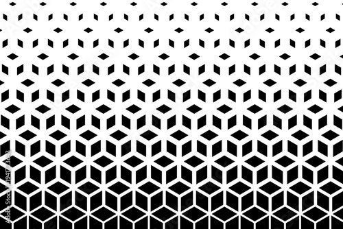 Disappearing cubic shapes pattern. Vanishing repeated cubes in isometric projection. Minimalistic abstract geometric print. Diamond forms with faded effect wallpaper. Vector graphic illustration.