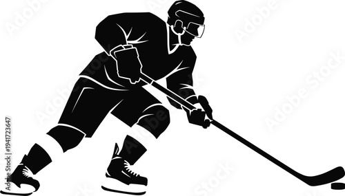 Silhouette of a hockey player in action with stick and puck on white background ice hockey sport