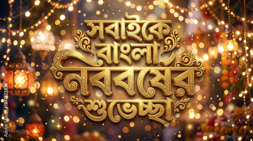 Golden Bengali New Year Greeting 3D Typography with Festive Bokeh Lights and Marigold Flowers Background