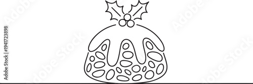 Continuous one line of christmas fruit cake pudding in silhouette. one line art icon drawing vector