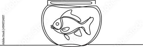 Vector continuous one single line drawing icon of fish in aquarium in silhouette on a white background. one line art icon drawing vector