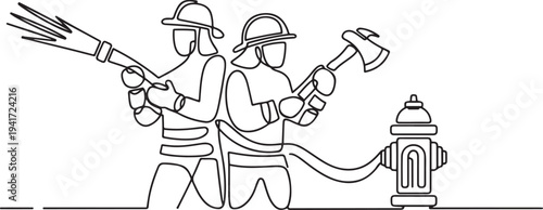 Firefighters with firefighting equipment concept. one line art icon drawing vector