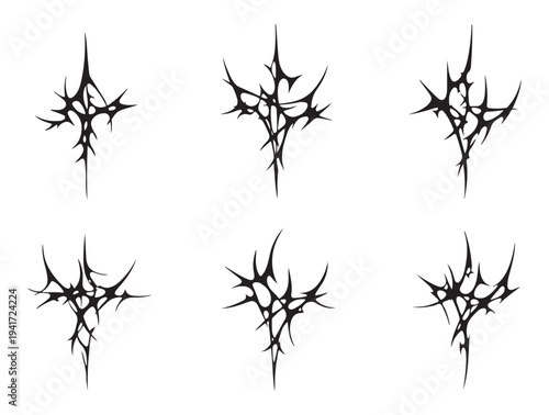 Detailed black gothic designs in cybersigilism style resembling abstract crosses and mystical symbols with sharp edges and intricate biological line work.