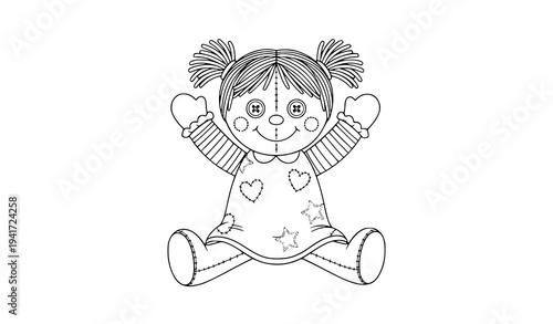 Cute cheerful rag doll sitting black and white outline vector with patchwork dress and stitched toy details