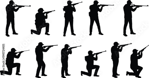Black Silhouette Set of Professional Hunters and Marksmen in Standing and Kneeling Shooting Positions Holding Rifles Isolated on White Background for Outdoor Sports