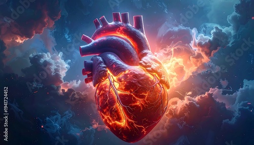 Realistic heart amidst fiery clouds, showcasing vivid anatomical detail and a dynamic, abstract backdrop