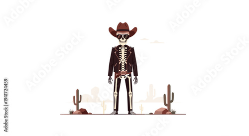 A single stylized cartoon skeleton, adorned with a brown cowboy hat, a dark jacket, and boots, stands centrally in a minimalist desert landscape.