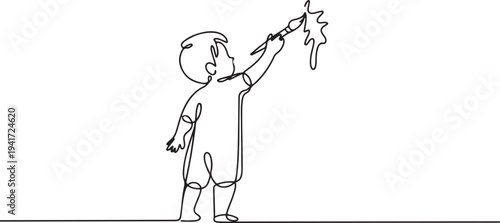 Kid painting on wall. Art Concept. one line art icon drawing vector