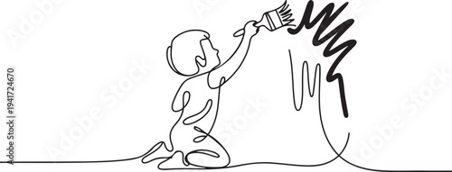 Kid painting on wall. Art Concept. one line art icon drawing vector