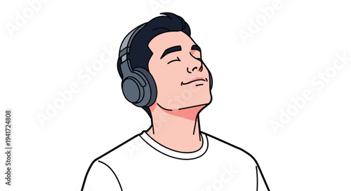 A cartoon man with dark hair and closed eyes smiles serenely, wearing grey over-ear headphones and a white t-shirt.