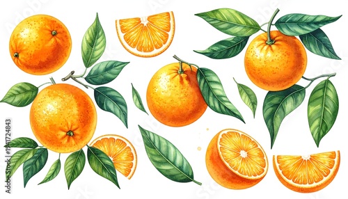 Realistic watercolor depiction of vibrant oranges and leaves, creating a refreshing, bright, and natural composition