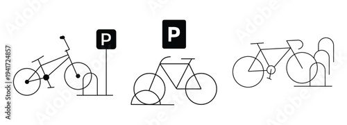 Bicycle Parking Icon Set – Bike Rack, Cycling Parking Sign, Urban Transport Vector