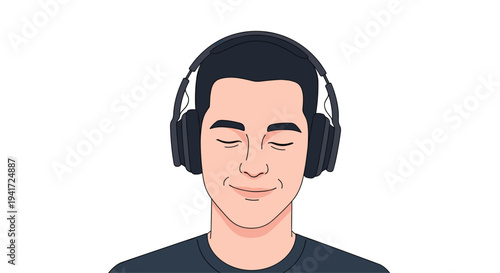 A cartoon man with dark hair and closed eyes displays a contented smile, wearing black over-ear headphones and a dark blue t-shirt.