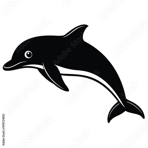 A silhouette black and white dolphin on white background