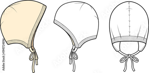 Baby Knit Bonnet Technical Flat Sketch, Infant Winter Hat Design Illustration, Fashion CAD Mockup