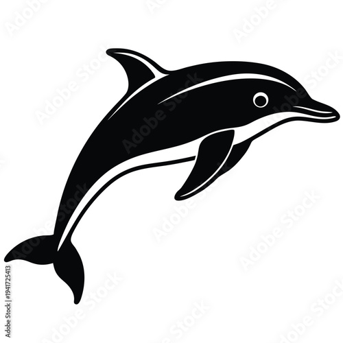 A silhouette black and white dolphin on white background